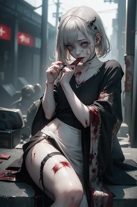 Highest quality, masterpiece, look up, cute,(Horror),(((Beautiful zombie girl))),Dead,Trying to bite,(((Bleeding,Injured))),(((Shedding tears of blood))),((口からBleeding)),((Covered in blood)),((Sexy)),(sexy),((Small breasts)),Baby Face,(Middle school studen...