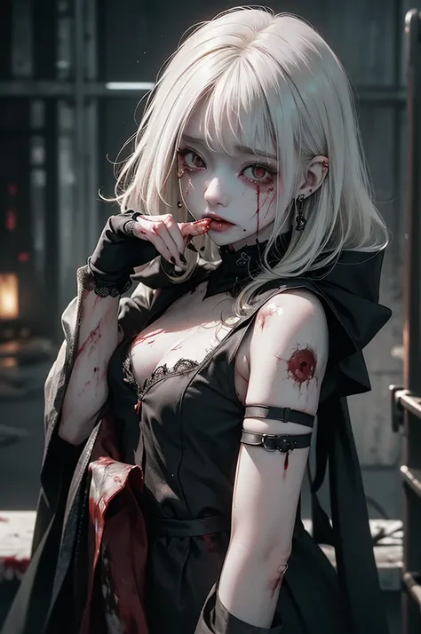 Highest quality, masterpiece, look up, cute,(Horror),(((Beautiful zombie girl))),Dead,Trying to bite,(((Bleeding,Injured))),(((Shedding tears of blood))),((口からBleeding)),((Covered in blood)),((Sexy)),(sexy),((Small breasts)),Baby Face,(Middle school studen...