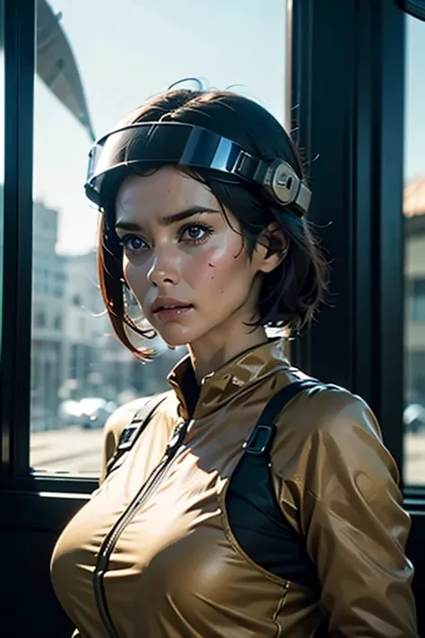 A still from a film showing a female mech pilot standing in front of her (Large combat mech:1.3), Sci-Fi Armor, military base, Strong winds, Sci-fi helmet in hand, visor, Detailed eyes, dry skin, Skin fuzz, Visible skin hair, Skin blemishes ,, Shallow dept...