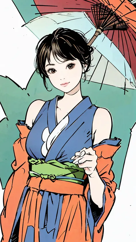 Woman wearing kimono,Show your shoulders from your kimono,Disheveled clothes,Big Breasts,((The kimono is fluttering))Look here,Smiling seductively at the camera,Holding a Japanese umbrella,