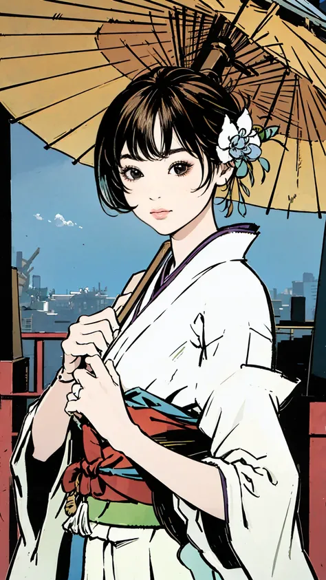 Woman wearing kimono,Show your shoulders from your kimono,Disheveled clothes,Big Breasts,((The kimono is fluttering))Look here,Smiling seductively at the camera,Holding a Japanese umbrella,