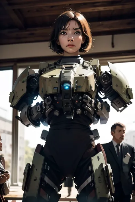 A still from a film showing a female mech pilot standing in front of her (Large combat mech:1.3), Sci-Fi Armor, military base, Strong winds, Sci-fi helmet in hand, visor, Detailed eyes, dry skin, Skin fuzz, Visible skin hair, Skin blemishes ,, Shallow dept...