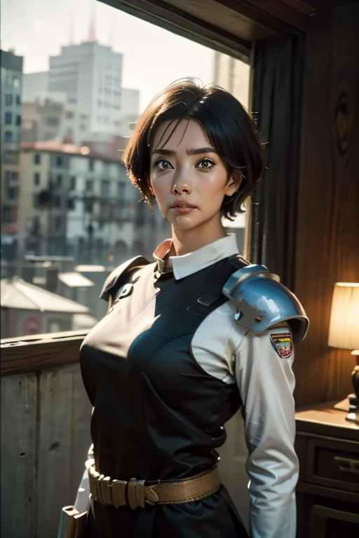 a still from a film showing a female mech pilot standing in front of her (large combat mech:1.3), sci-fi armor, military base, s...