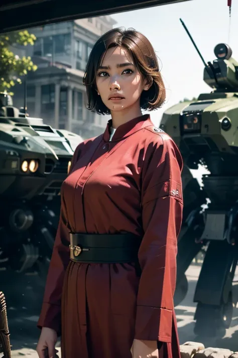 A still from a film showing a female mech pilot standing in front of her (Large combat mech:1.3), Sci-Fi Armor, military base, Strong winds, Sci-fi helmet in hand, visor, Detailed eyes, dry skin, Skin fuzz, Visible skin hair, Skin blemishes ,, Shallow dept...