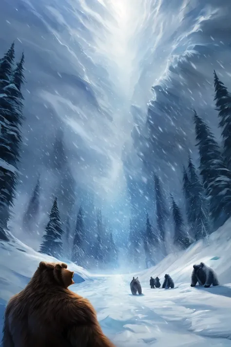 (((There is a group of forty-nine bears in this image ))) 49 Polar bear stands looking at the sky Medium muscular, frozen planet setting, snowstorm , zoomed in on crotch, , chunie, darkgem, martepiece, dynamic photography.