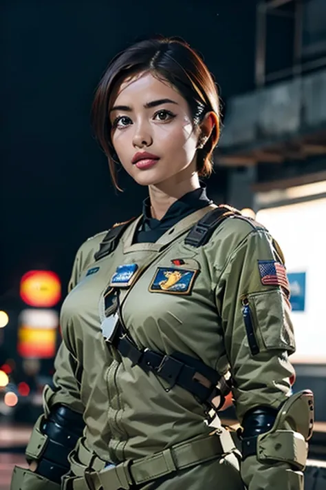 a still from a film showing a female mech pilot standing in front of her (large combat mech:1.3), sci-fi armor, military base, s...