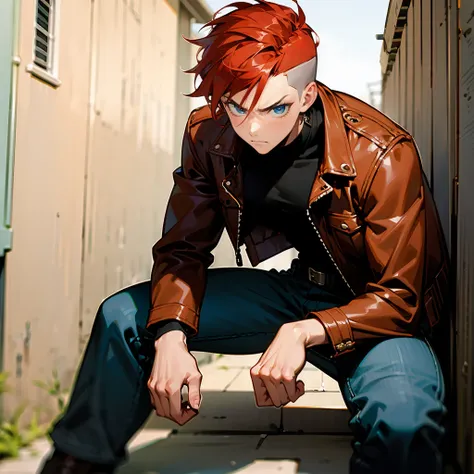 1male, Red Hair, Green Leather Jacket, Buzz Cut, Black Jeans, Combat Boots, Blue Eyes, Serious Expression, Muscular, Adult Male, Urban Alley, Leaning against a Wall