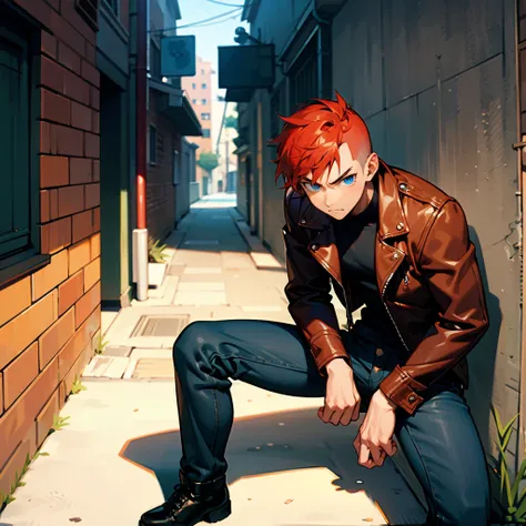 1male, Red Hair, Green Leather Jacket, Buzz Cut, Black Jeans, Combat Boots, Blue Eyes, Serious Expression, Muscular, Adult Male, Urban Alley, Leaning against a Wall