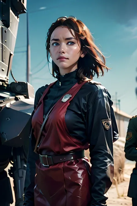 A still from a film showing a female mech pilot standing in front of her (Large combat mech:1.3), Sci-Fi Armor, military base, Strong winds, Sci-fi helmet in hand, visor, Detailed eyes, dry skin, Skin fuzz, Visible skin hair, Skin blemishes ,, Shallow dept...