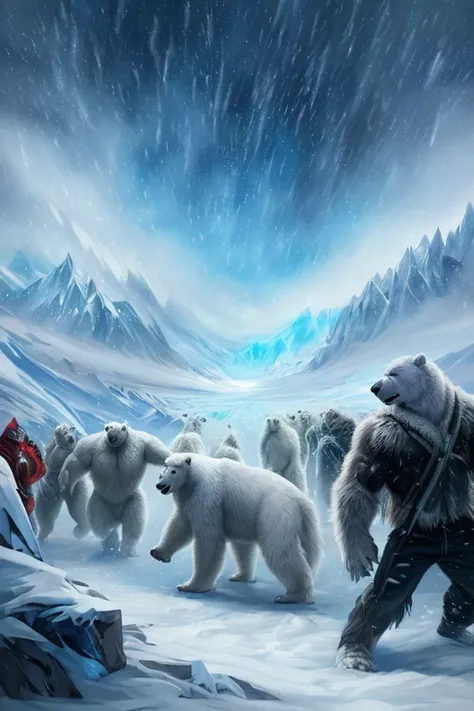 (((There is a group of forty-nine polar bears in this image, just white fur, furious, Sauvage, aggressive, extinto  Sauvage ))) 49 Polar bear stands looking at the sky Medium muscular, frozen planet setting, snowstorm , zoomed in on crotch, , chunie, darkg...