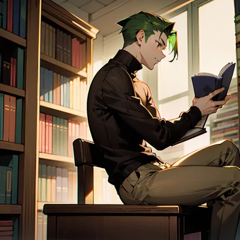 1male, Green Hair, Black Turtleneck, Slick Back Hair, Brown Trousers, Casual Shoes, Brown Eyes, Determined Expression, Average Build, Adult Male, Library, Reading a Book