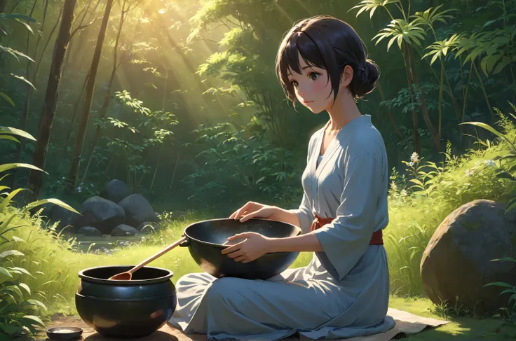 Uses Makoto Shinkai&#39;s depiction perfectly,Portrait of Halie Loren,8k 4k masterpiece photo ,In nature、A beautiful woman sitting and playing the hand pan、A soothing expression