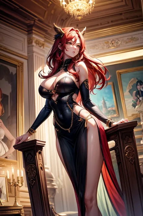 highest quality, ultra high resolution, super detailed, gorgeous, masterpiece, best quality, high resolution finely detailed, extremely beautiful, distinct image, form-fitting elegant dress, hourglass figure, 1 woman, 40 years old, regal yet wild looking f...