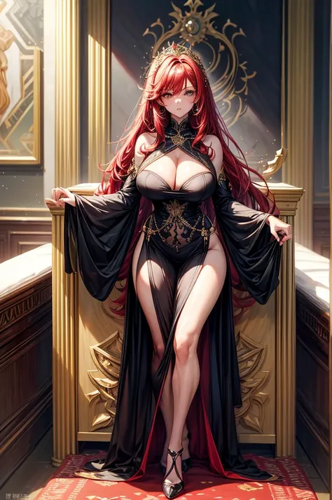 highest quality, ultra high resolution, super detailed, gorgeous, masterpiece, best quality, high resolution finely detailed, extremely beautiful, distinct image, form-fitting elegant dress, hourglass figure, 1 woman, 40 years old, regal yet wild looking f...