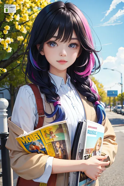 masterpiece, Highest quality, Spring outfit, Colorful Hair, Outdoor, Magazine Cover ,Upper Body,