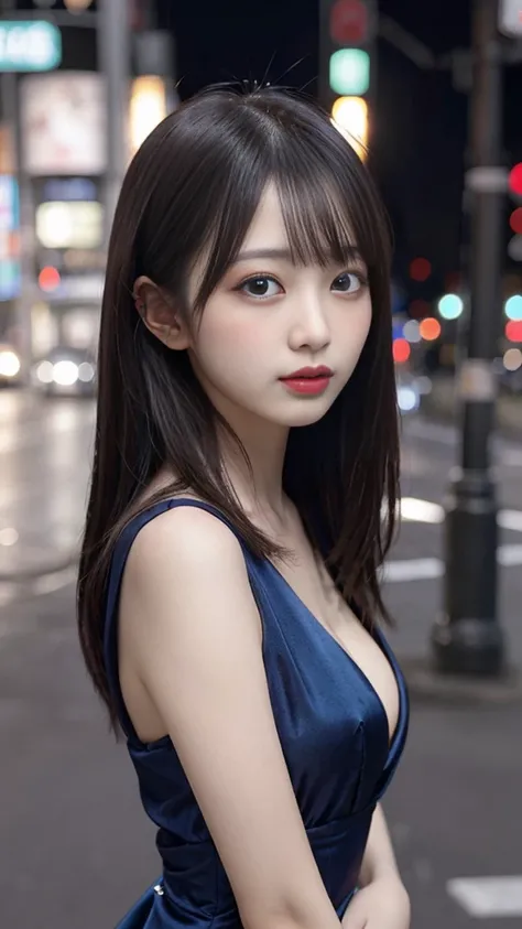 Elegant, Model-like, Busty, Japanese Woman, Long Straight Hair, Large Eyes, High Nose, Small Cheekbones, Double Eyelids, Small Face, Blue Eyes, Sexy, Evening Dress, Urban Night Background, Early 20s