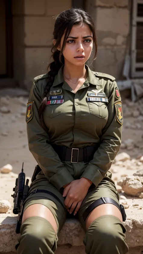 Raw, best quality, masterpiece, Ultra-realistic, ultra-detailed, Israelian, big breasts women, wearing israeli army uniform, sitting sadness, crying face, screaming, lost for war, cringe, 8k resolution 