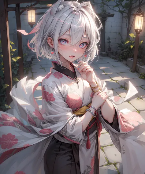 (Highest quality、High resolution、8k、masterpiece)。古き時代を感じるEdo Periodの和室。View of the garden。Look away、Open your mouth、Pink Eyes、Silver Hair、Heart shaped pupil、teeth、tongue、tongueを出す、（Original Character, (1 Girl)、Perfect Face、((short hair:1.2))、(Hair above on...