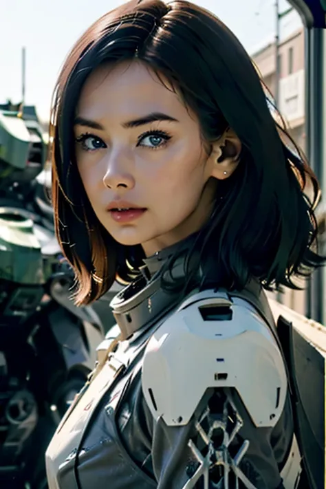 a still from a film showing a female mech pilot standing in front of her (large combat mech:1.3), sci-fi armor, military base, s...