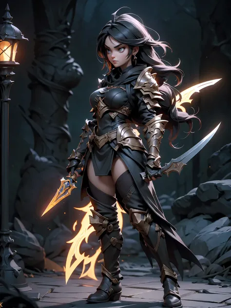 A dark and cursed female game character, wearing ornate black and gold armor, wielding a cursed blade, with dark vambraces and cursed boots, in a gloomy, atmospheric lighting, full body shot, (best quality,4k,8k,highres,masterpiece:1.2),ultra-detailed,(rea...