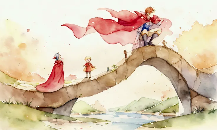 the little boy in red cape and his friends encounter a river that runs through the valley. They build an improvised bridge to cross it.　watercolor 