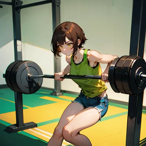 1female, Brown Hair, Green Tank Top, Short Hair, Blue Denim Shorts, Sneakers, Yellow Eyes, Focused Expression, Athletic, Young Female, Gym, Lifting Weights