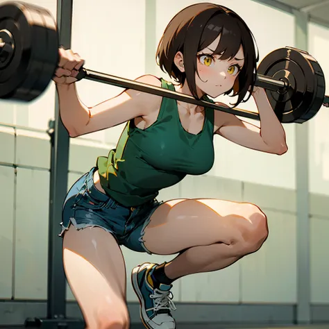 1female, Brown Hair, Green Tank Top, Short Hair, Blue Denim Shorts, Sneakers, Yellow Eyes, Focused Expression, Athletic, Young Female, Gym, Lifting Weights