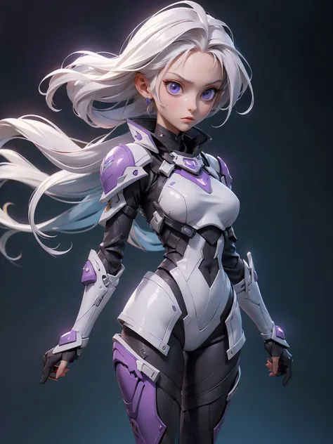 ((Best Quality)), ((Masterpiece)), ((Realistic)) slender, cute girl with medium-length white hair and vibrant purple eyes. She wears a tight-fitting, sleek suit with high-tech boots and chestplates. The outfit includes matching vambraces, all in a futurist...