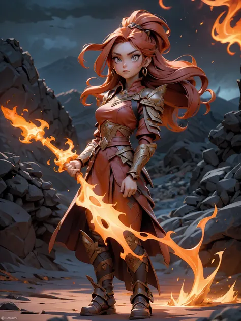 ((full body shot)) of a girl in regal, fire-themed armor with intricate gold and red details, standing in a blazing, volcanic landscape. She has long, flowing fiery red hair and intense, glowing amber eyes. Her skin has a warm, sun-kissed hue, and she is a...