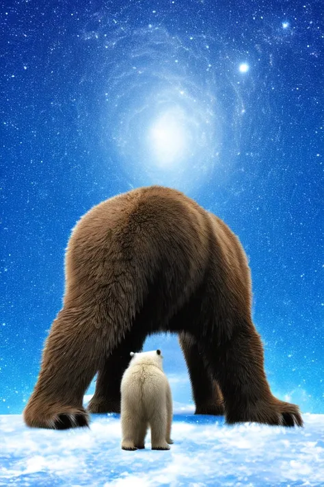 polar bear stands looking at the sky medium muscular, frozen planet setting, snowstorm , zoomed in on crotch, , chunie, darkgem,...