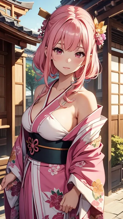 Gal、Sengoku period、Wearing a kimono、The kimono is open、cute、Too much exposed skin、Pink Hair、Emphasize large breasts、Around 25 years old、Anime style illustrations