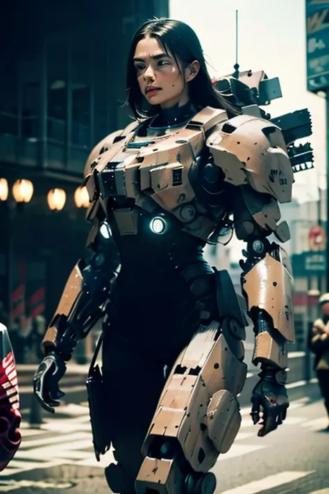 A still from a film showing a female mech pilot standing in front of her (Large combat mech:1.3), Sci-Fi Armor, military base, Strong winds, Sci-fi helmet in hand, visor, Detailed eyes, dry skin, Skin fuzz, Visible skin hair, Skin blemishes ,, Shallow dept...