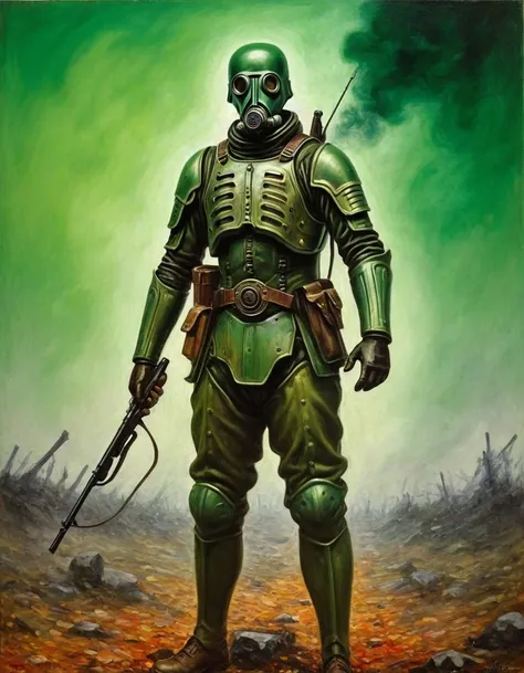 a plaguemarine ww1ger with gas mask and armor, holding rifle, explosions, green mist, fog, smoke, slime, field telephones, dawn,...