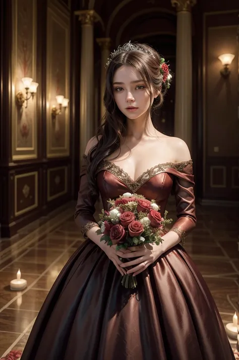 A stunning and enchanting 3D render that captures the essence of romance and elegance. A sumptuous chocolate-colored gown drapes around a 20-year-old woman, who exudes grace and poise. Her hands gently cradle a breathtaking bridal bouquet, featuring deep r...