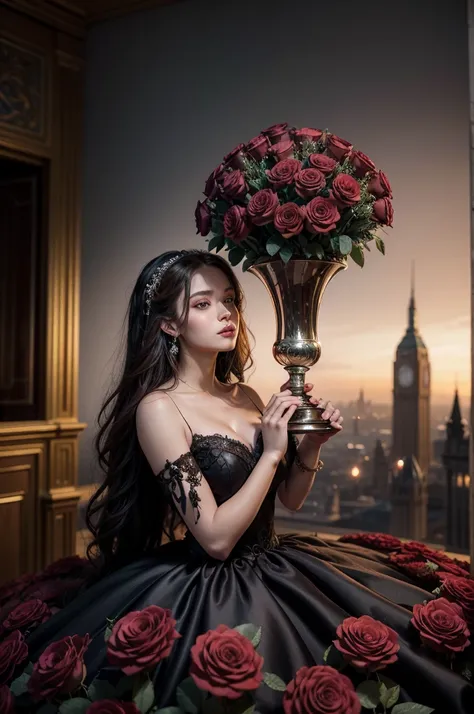 A stunning and enchanting 3D render that captures the essence of romance and elegance. A sumptuous chocolate-colored gown drapes around a 20-year-old woman, who exudes grace and poise. Her hands gently cradle a breathtaking bridal bouquet, featuring deep r...