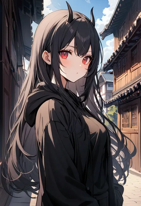 female, girl, student, Black hoodie, two small horns, black hair, red eyes, long hair