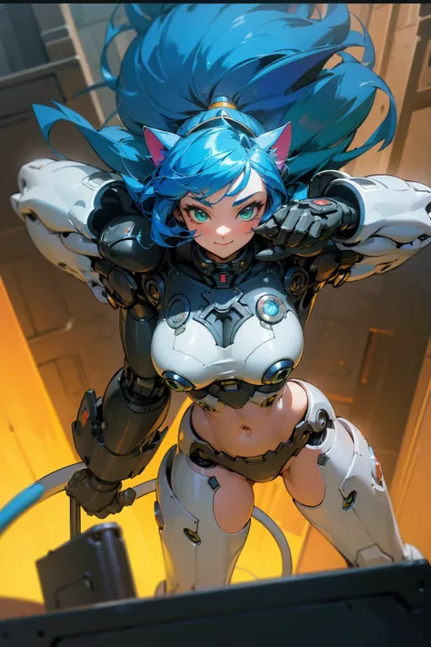 ((Masterpiece, Best Quality)), blue hair, cat tail, Green eyes, cyberpunk robot parts, smiles, happy, thicc, big breasts, big ass, illustration, ultra-detailed 8K, realistic, clear focus, highly detailed, professional lighting, colorful details, colors BRE...