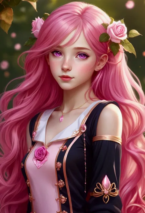 Adorable and innocent face, fair skin, (long pink hair), magenta eyes, slender European teen, pink gold rose gold color themed magical girl outfit, anatomically correct, realistic proportions