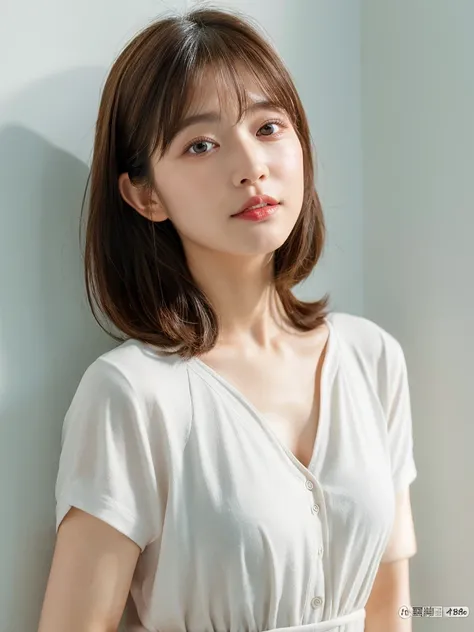 Light grey short sleeve dress、Put a cardigan over your shoulders、Tabletop、(White wall in the background)、In front of a white wall、((Highest quality、8k、masterpiece:1.3))、Ultra-high resolution、(photoGenuineistic:1.4)、RAW Photos、30 year old Japanese woman、Jap...