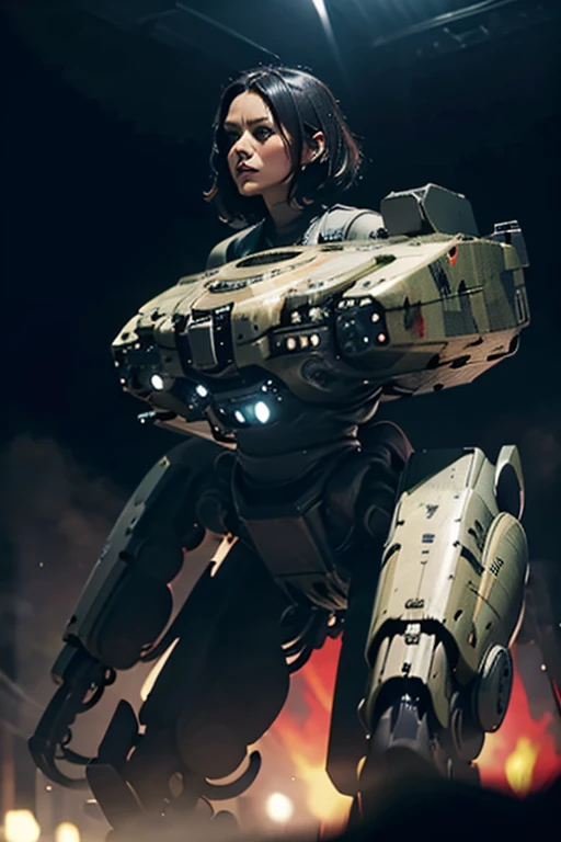 A still from a film showing a female mech pilot standing in front of her (Large combat mech:1.3), Sci-Fi Armor, military base, Strong winds, Sci-fi helmet in hand, visor, Detailed eyes, dry skin, Skin fuzz, Visible skin hair, Skin blemishes ,, Shallow dept...