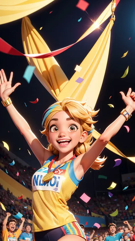 a 3d disney pixar-style animation image showing a marathon runner joyfully wearing a gold medal around their neck. the athlete s...