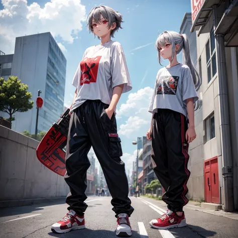 A 15-year-old girl with gray hair, red eyes, 150 tall who has a skateboard as a weapon and wears baggy pants and oversized t-shirts.