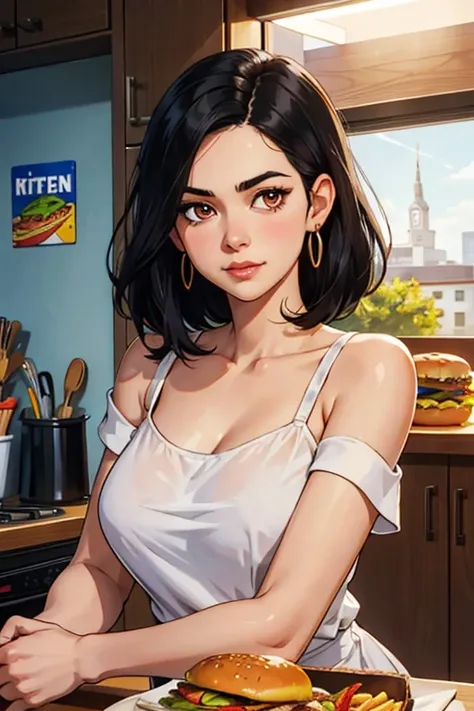 Elaine,shoulder-length black hair,eyes browns, thin lips, Round face, breasts big, in the kitchen eating burger and fries ,detailed artwork.