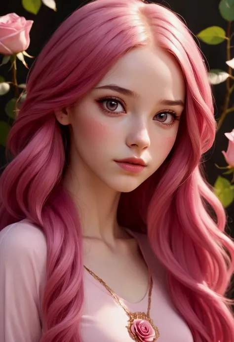 Adorable and innocent face, fair skin, (long pink hair), magenta eyes, slender European young woman, pink gold rose gold color theme, anatomically correct, realistic proportions