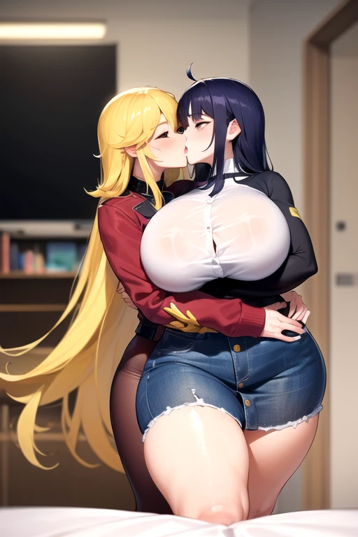 Lesbian (very long loose yellow hair)(big breasts, big thighs)(with  clothes it is very tight) that he is kissing at school with his girlfriend,(big breasts, big thighs)lesbian love