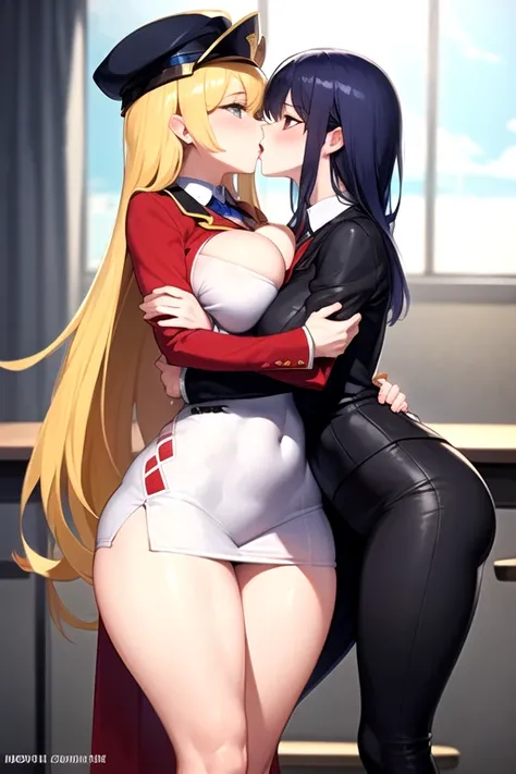 Lesbian (very long loose yellow hair)(big breasts, big thighs)(with  clothes it is very tight) that he is kissing at school with his girlfriend,(big breasts, big thighs)lesbian love