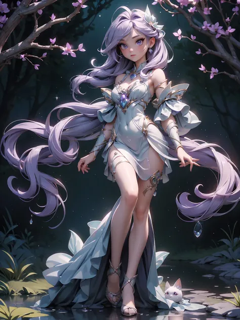 (((masterpiece, best quality, 16k)))A charming artwork of a mystical and shimmering female character in a magical, moonlit landscape. The full-body view reveals her dressed in glistening purple and silver clothes that catch the light beautifully. Despite h...