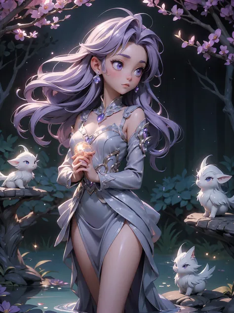 (((masterpiece, best quality, 16k)))A charming artwork of a mystical and shimmering female character in a magical, moonlit landscape. The full-body view reveals her dressed in glistening purple and silver clothes that catch the light beautifully. Despite h...