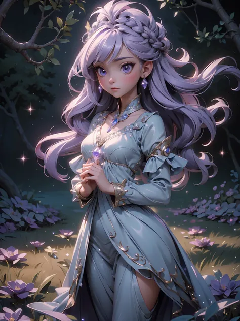 (((masterpiece, best quality, 16k)))A charming artwork of a mystical and shimmering female character in a magical, moonlit landscape. The full-body view reveals her dressed in glistening purple and silver clothes that catch the light beautifully. Despite h...