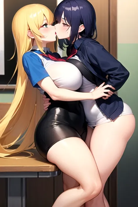 Lesbian (very long loose yellow hair)(big breasts, big thighs)(with  clothes it is very tight) that he is kissing at school with his girlfriend,(big breasts, big thighs)lesbian love